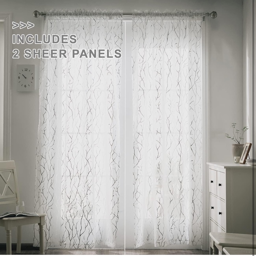 White Sheer Curtains with Branch Design